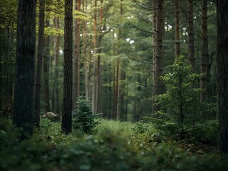 Obraz premium Enchanting forest scene with lush foliage and dappled sunlight filtering through trees