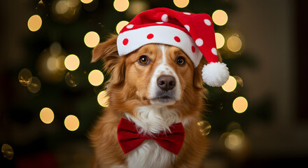 Dog in Christmas Portrait  Tree Lights & Polka Dot Festive Style