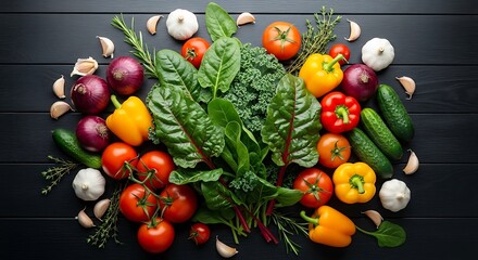Vibrant Rainbow Harvest of Fresh Vegetables and Herbs on a Dark Wooden Table