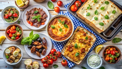 Photo of a delightful spread of italian cuisine including lasagna, baked pasta, and meat dishes, arranged on a rustic wooden table with fresh tomatoes and basil