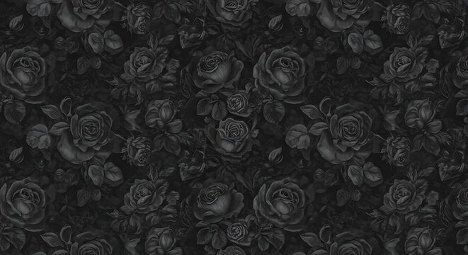Monochromatic floral pattern featuring a dense arrangement of roses and leaves in varying shades of gray