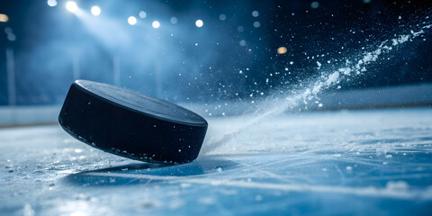 Hockey puck speeding into goal with splash, banner with copy space