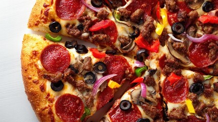 Mouthwatering close-up of a supreme pizza with pepperoni, sausage, and assorted veggies on a crisp, golden crust against a white surface