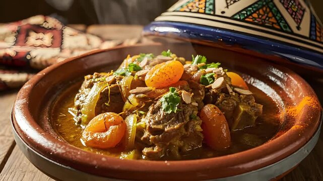 Traditional Moroccan lamb tagine with apricots and almonds, slow-cooked in a classic earthenware pot