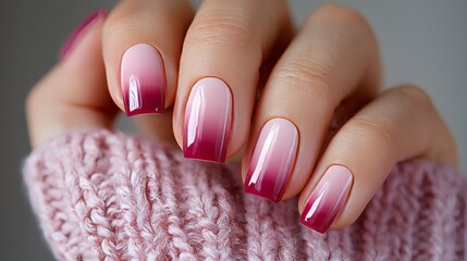 Elegant manicured nails with pink ombré design on knitted sweater sleeve