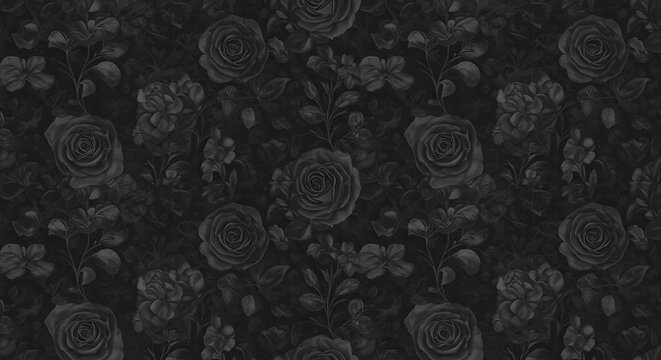 A dark floral pattern featuring roses and leaves in shades of black and gray creating a somber aesthetic