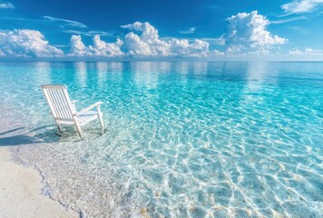 A solitary white chair sits on a sandy beach with crystal-clear turquoise water under a partly cloudy blue sky, evoking feelings of tranquility and escape