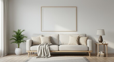 Bright minimalist living room interior with neutral color sofa, decorative cushions, side table, table lamp, potted plant, and blank wall frame arrangement