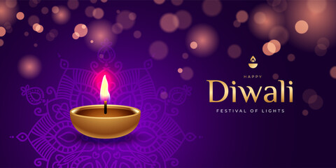 Happy Diwali banner with diya lamp, mandala, bokeh effect . Indian festival of lights. Holiday background for branding greeting card, banner, cover, flyer or poster © Svitla