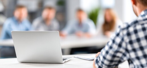 A man at a desk with a laptop, facing a blurred meeting. Focus is on laptop and person. Neutral tones and shallow depth of field