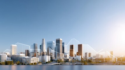 Obraz premium Modern Urban Skyline with Business Graph Overlay Representing Growth and Opportunities in a Vibrant Cityscape