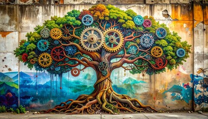 street art mural on a decaying concrete wall, depicting a majestic tree 