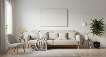 Bright minimalistic living room interior with neutral tones white sofa and armchair decor with houseplants and modern accessories in a cozy home setting