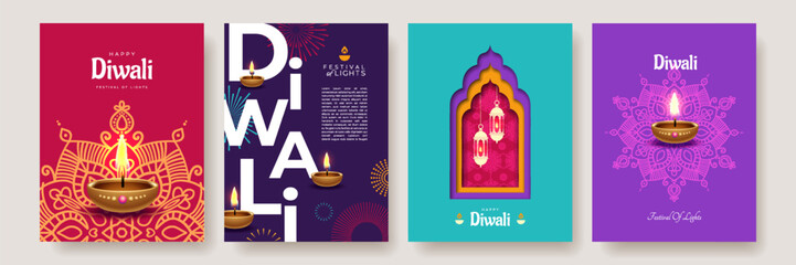 Happy Diwali banner set with diya lamp, mandala, lanterns and typography design. Indian festival of lights. Holiday background for branding greeting card, banner, cover,  poster or flyer