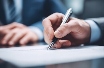 A professional's hand poised with a pen over blank paper, ready to sign or write. Another figure waits in the blurred background