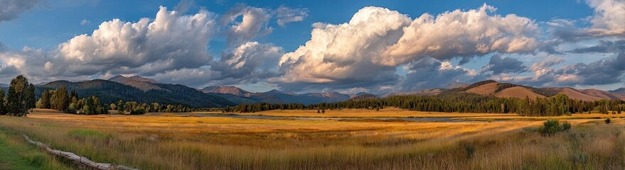 Scenic panoramic shot of a golden field with mountain views and dramatic, textured clouds in a blue sky