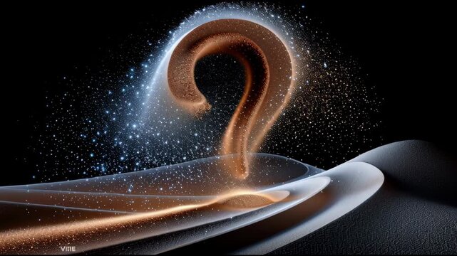 A black and white image of a swirling, curving shape with a question mark at the end