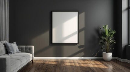 Modern minimalist living room interior with a sofa, large empty wall space for artwork, natural sunlight streaming through window, hardwood floor, and indoor plant