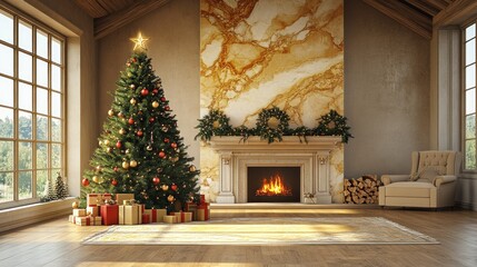Luxurious Christmas living room with fireplace and tree
