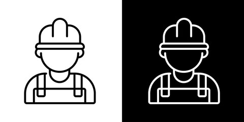 Builder line icon set on black and white backgrounds. Construction worker or engineer in a helmet and overalls, a professional contractor vector symbol for industry projects