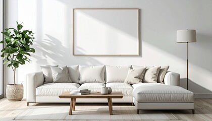 Modern minimalist living room with white sofa neutral decor cozy setting natural lighting stylish home interior design concept