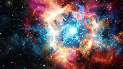 Fototapeta premium Vibrant Primordial Universe Birth, Nebula Explosion Amidst Cosmic Fireball Energy