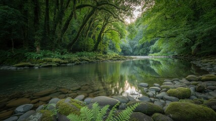 Obraz premium Serene forest river flows gently through lush greenery with moss-covered rocks and ferns creating peaceful nature scene