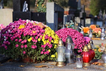 Candles and chrysanthemum flowers at Rakowicki Cemetery in Krakow. The historic Rakowice necropolis is a cultural heritage monument.