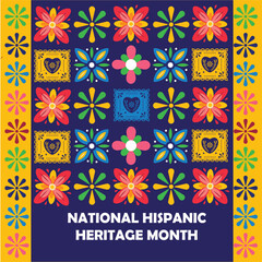 Hispanic heritage month-Web banner, poster, card for social media, networks. Greeting with national Hispanic heritage month text, flowers on floral pattern background. Vector illustration
