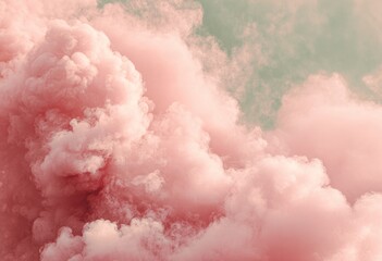 Ethereal cloud of soft, swirling pink smoke fills the frame against a muted green-toned sky, creating a dreamlike, abstract atmosphere