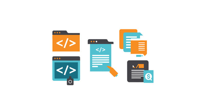 Coding and Development Icons: Folders Files and Code Snippets.