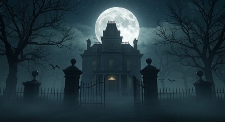 A spooky mansion under a full moon with a wrought iron fence and bare trees in a foggy night scene