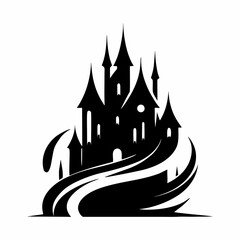 Vector logo with haunted castles, pumpkins and bats in spooky gothic style for Halloween.