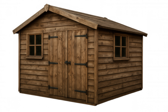 Classic wooden garden shed isolated on transparent background, ideal for architectural visualization or diy project presentations