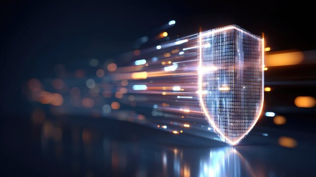 Futuristic Digital Shield Icon Representing Cyber Security and Data Protection with Motion Blur Effects and Light Trails