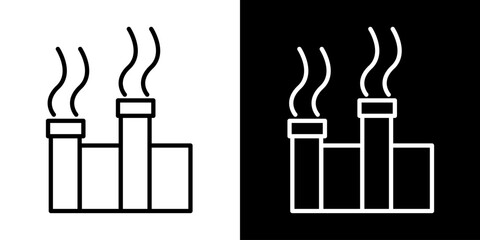 Minimalist line icon illustration of an industrial factory emitting smoke from chimneys, symbolizing air pollution, environmental impact, and carbon emissions