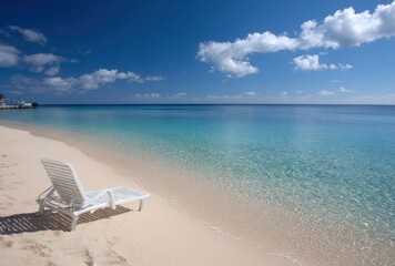 A lone white lounge chair sits on a sandy beach beside tranquil, clear turquoise ocean waters beneath a sunny blue sky dotted with white clouds
