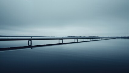 Metallic pipeline mirrored over still lake in tranquil industrial minimalist landscape