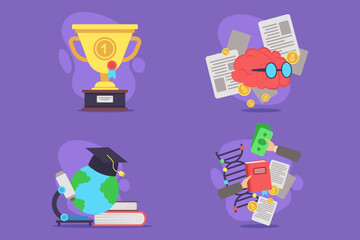 Collection of education and achievement symbols, including trophy, brain with glasses, globe on books, and hands holding money and books