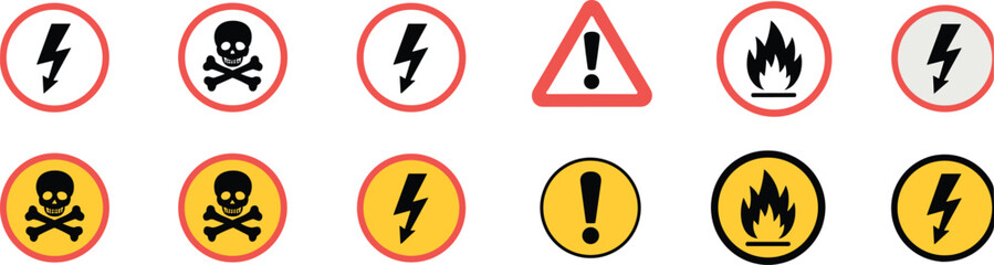 Safety icons, hazard symbols, warning signs, electrical danger, toxic alert, flammable material, caution triangle, workplace safety, industrial signage, red and yellow, circular icons, alert graphics