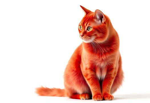 A vibrant red cat sits alone against a pure white background,   beautiful cat,  orange cat