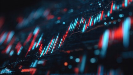 A macro view of a dynamic data graph shows upward trend lines in red and cyan, against a dark, textured, grid-like background with blurred details