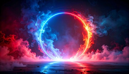 Obraz premium A neon circle, illuminated by red and blue lights, is surrounded by glowing smoke, casting reflections on a dark surface