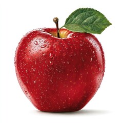 A vibrant, shiny red apple with a single green leaf and glistening water droplets, casting a soft shadow on a white surface, presented in high detail