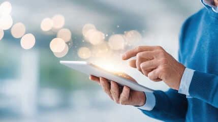 A person interacts with a tablet, surrounded by glowing orbs, suggesting technology and digital innovation.