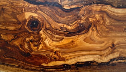 Detailed Olive Wood Grain Texture in Warm Tones with Swirling Patterns Natural Wood Surface Background for Crafts and Design Full Frame Shot