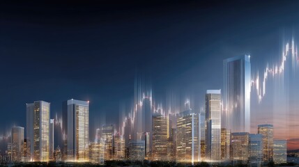 Modern City Skyline with Financial Graph Overlay Depicting Economic Trends and Urban Growth at Twilight Time