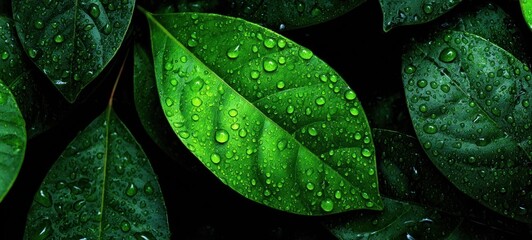 Lush green leaves with glistening water droplets, displaying nature's fresh texture and dark shadowy backdrop. Perfect for serene backgrounds