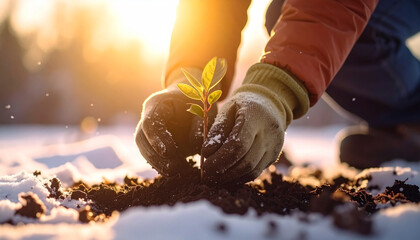 Obraz premium New Beginning in Winter: A close-up captures the careful hands planting a delicate seedling into the snowy soil, bathed in the warm glow of sunlight, symbolizing growth and renewal.