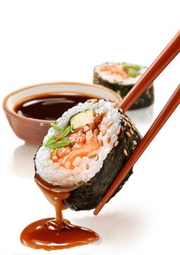 Salmon sushi roll held by chopsticks with soy sauce drizzling, against a white background. A bowl with soy and more sushi appear blurred